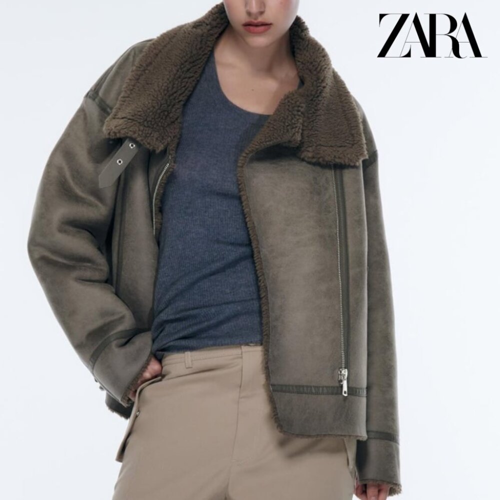 ZARA WOMEN FAUX LEATHER SHEARLING DOUBLE-FACED BIKER JACKET SIZE L 3548/243 NWT